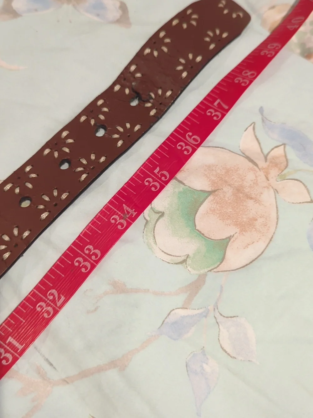 2 Brown Leather/Faux Leather Cutout Embroidered Belt with Decorative Buckle